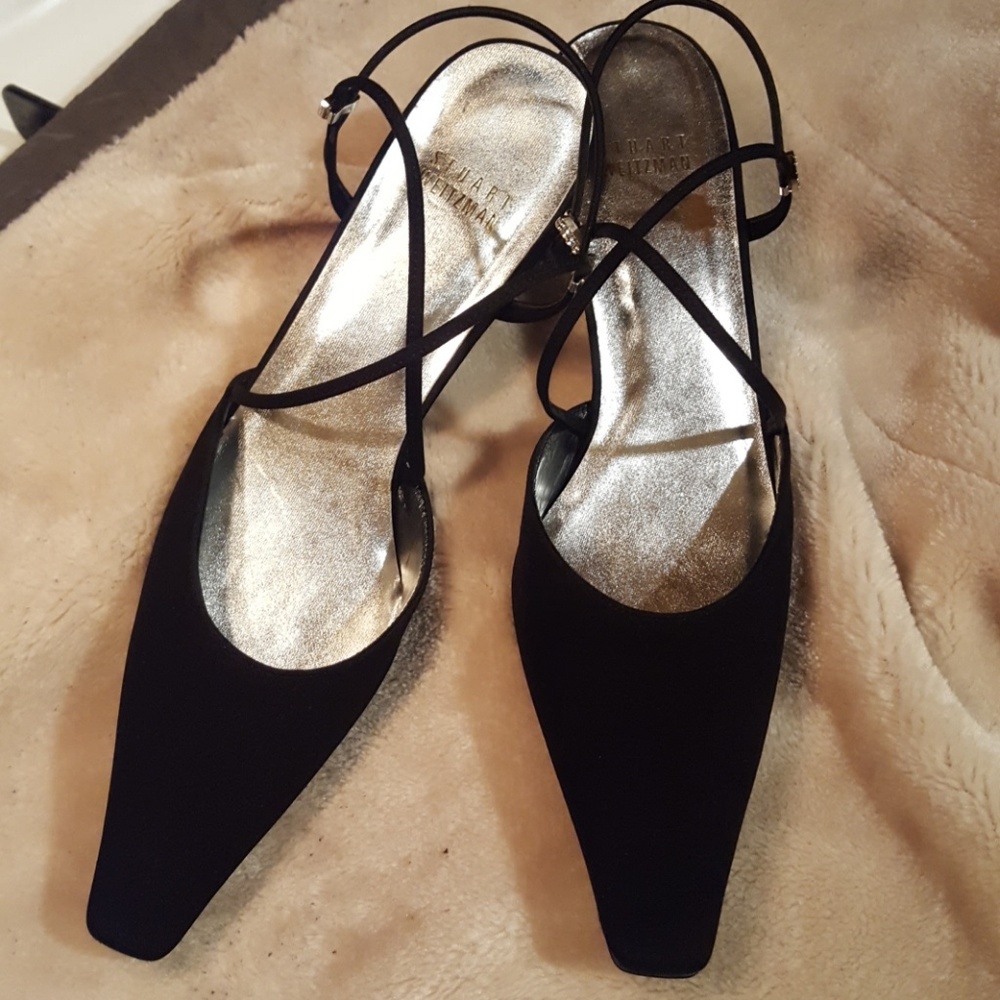 STUART WEITZMAN black fabric kitten heels with rhi